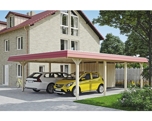 Doppelcarport aus Holz mit zwei geparkten Autos vor einem Wohnhaus