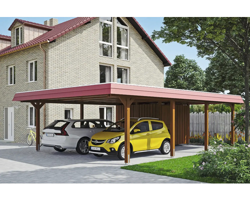 Doppelcarport aus Holz mit zwei parkenden Autos vor einem Haus
