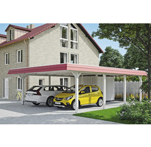 Abri de voiture avec deux voitures devant une maison