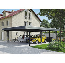 Doppelcarport aus Metall mit zwei parkenden Autos vor einem Haus
