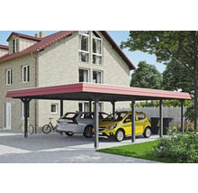 Carport mit zwei geparkten Autos vor einem Haus