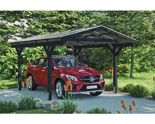 Carport individuel SKAN HOLZ Westerwald avec ancre de poteau 362 x 541 cm anthracite Carport avec voiture rouge dans le jardin