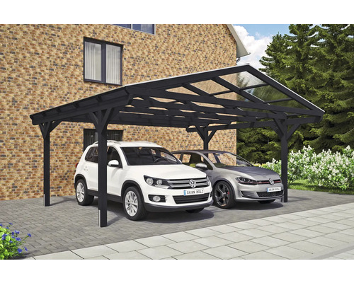 Doppelcarport mit zwei Autos vor einem Haus