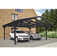 Doppelcarport aus Holz mit zwei geparkten Autos