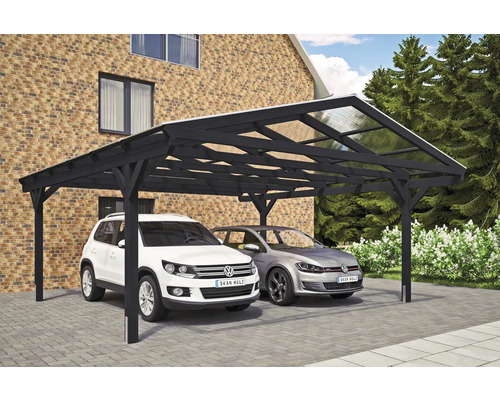 Doppelcarport aus Holz mit zwei geparkten Autos