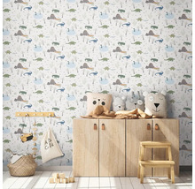 Kinderzimmer mit Dinosaurier Tapete, Holzschrank und Spielzeug