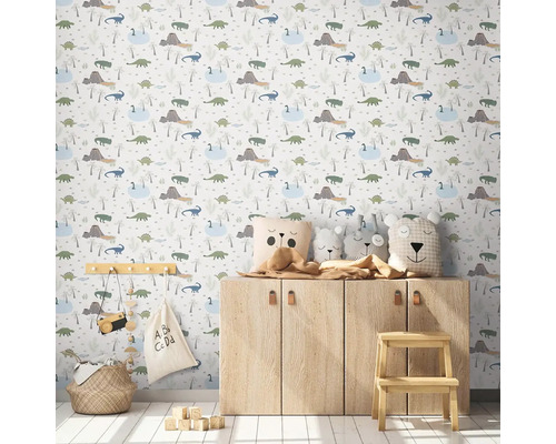 Kinderzimmer mit Dinosaurier Tapete, Holzschrank und Spielzeug