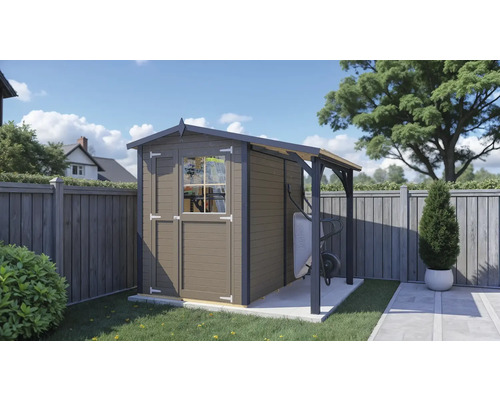 Gartenhaus Bertilo Tonio 1 Plus inkl. Schleppdach 244 x 233 cm beige exclusiv bei Hornbach Gartenschuppen mit Fenster und Anbau für Schubkarre im Garten