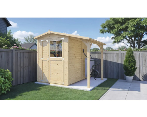 Gartenhaus Bertilo Tonio 1 Plus inkl. Schleppdach 244 x 233 cm natur exclusiv bei Hornbach Holzgartenhaus mit Vordach und Fenster im Garten