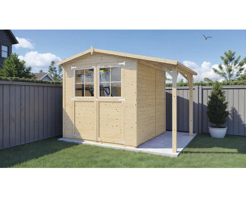 Gartenhaus Bertilo Tonio 2 Plus inkl. Schleppdach 297 x 233 cm natur exclusiv bei Hornbach Gartenhaus aus Holz mit Doppeltür, Fenstern und Vordach im Garten