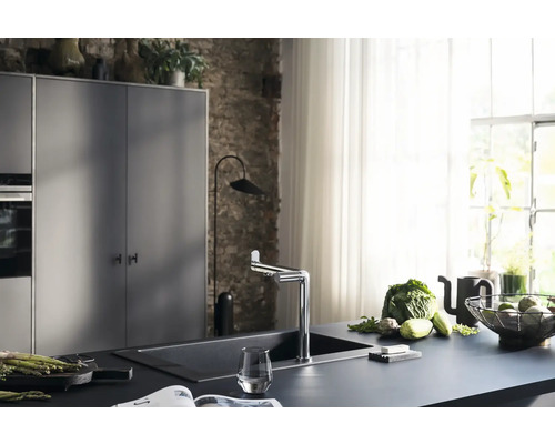 Cuisine moderne avec évier, robinet et légumes frais sur le plan de travail