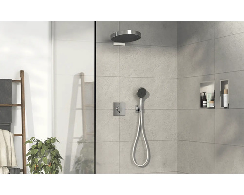 Salle de bains avec pomme de tête, douchette à main, niches de rangement et échelle à serviettes