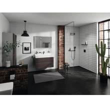 Badezimmer mit Waschtisch, Spiegel, Dusche, Toilette und Dekoration