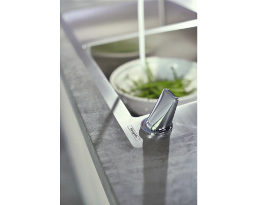 Spültischarmatur von Hansgrohe mit Wasserstrahl und Gemüse in Spüle