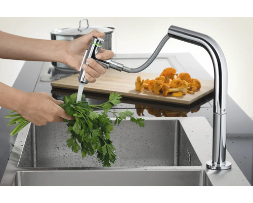 Person wäscht Petersilie unter einem Wasserhahn mit Ausziehbrause in einer Spüle.