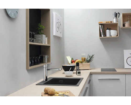 Scène de cuisine avec évier, robinet, étagères et décoration