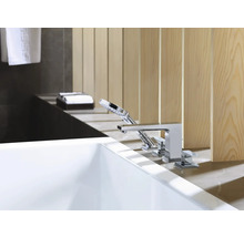 Moderne Badewanne mit verchromter Armatur und Handbrause vor einer Holzverkleidung