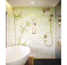 Salle de bains moderne avec mur en mosaïque, baignoire îlot et douche