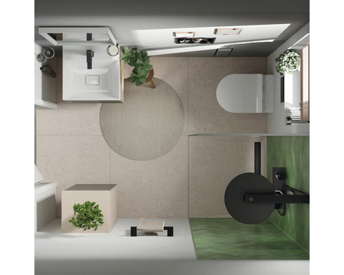 Vue de dessus d''une salle de bains avec lavabo, toilettes, porte-serviettes et plantes
