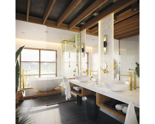 Salle de bains lumineuse avec baignoire îlot, meuble-lavabo et douche