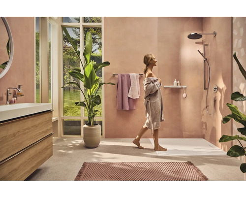 Helles Badezimmer mit Dusche, Waschtisch und Zimmerpflanze