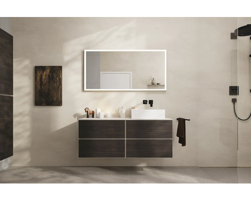 Salle de bains avec meuble sous-lavabo, vasque à poser, miroir LED et douche