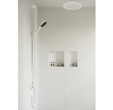 Badezimmer mit Handbrause, Kopfbrause und Ablagen in der Wand