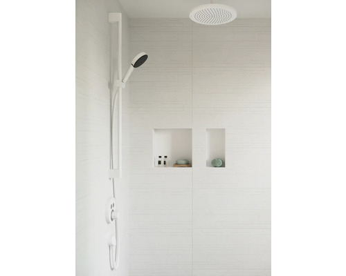 Badezimmer mit Handbrause, Kopfbrause und Ablagen in der Wand