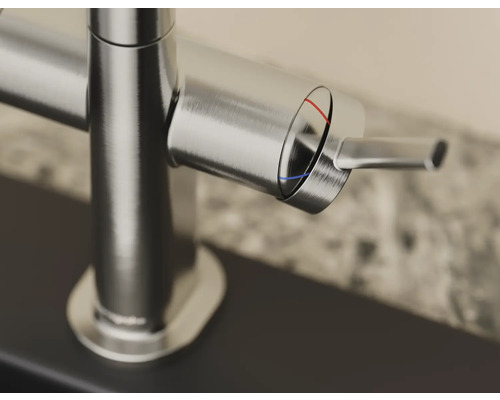 Vue détaillée d''un robinet avec mitigeur monocommande pour lavabo