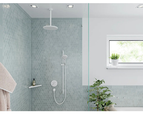 Badezimmer mit Dusche, hexagonalen Fliesen und Zimmerpflanzen