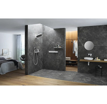 Salle de bain spacieuse avec douche, lavabo et coin chambre