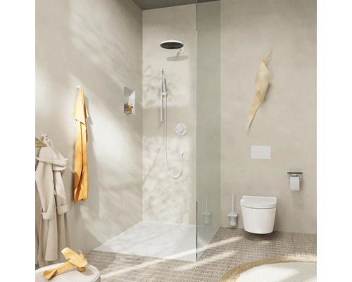 Badezimmer mit Dusche, Toilette und Zubehör in hellem Design