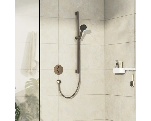 Robinet de douche avec douchette à main et étagère dans la salle de bain