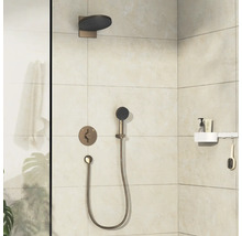 Moderne Dusche mit Kopfbrause, Handbrause und Ablage im Badezimmer