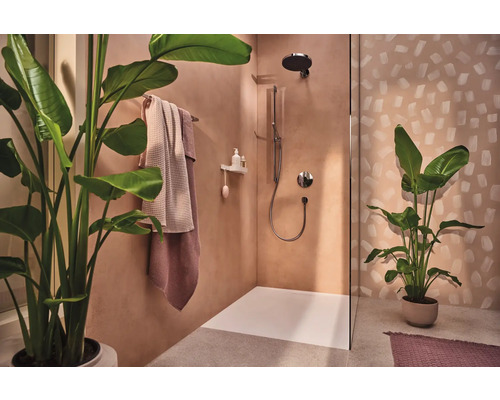 Begehbare Dusche mit Handtüchern und Zimmerpflanzen für ein helles und organisiertes Badezimmerambiente.