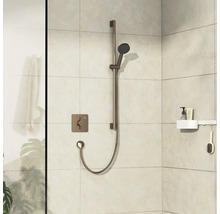 Duscharmatur mit Handbrause und Ablage an einer gefliesten Wand
