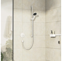 Image d''une douche avec pommeau de douche, barre de douche et étagère