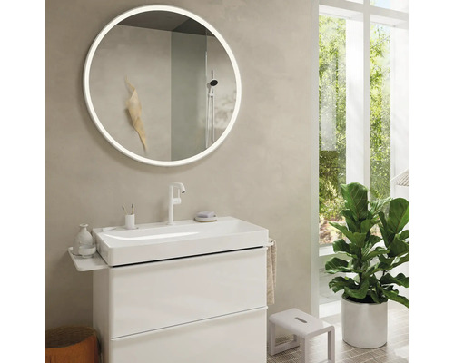 Salle de bains avec miroir rond avec éclairage, meuble sous-lavabo et plante d''intérieur