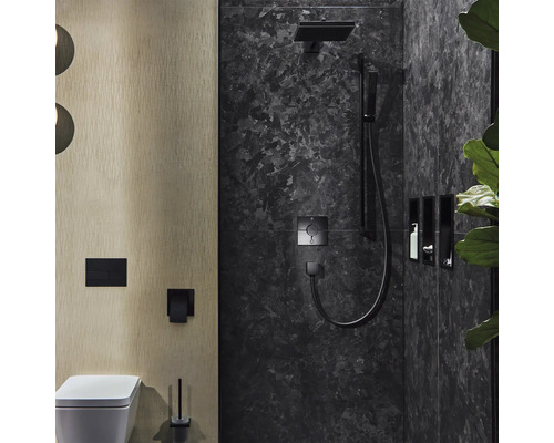 Salle de bains avec toilettes, douche et niches de rangement