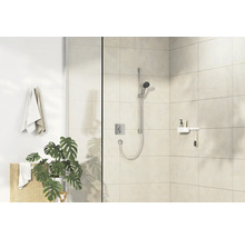Modernes Badezimmer mit Dusche, Handtüchern und Pflanze