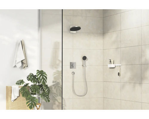 Salle de bains avec douche, serviettes, plante et accessoires de salle de bains