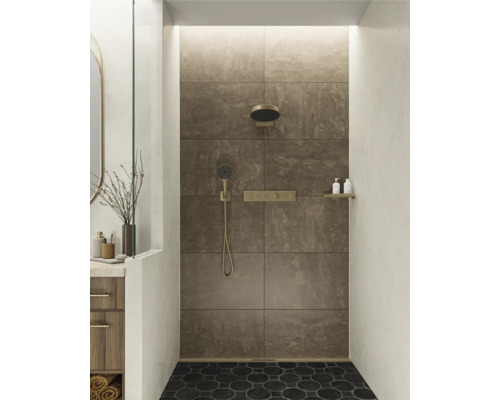 Salle de bain avec douche, lavabo et miroir