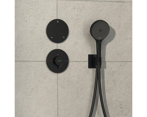 Schwarze Handbrausegarnitur mit Thermostat und Umsteller für Dusche
