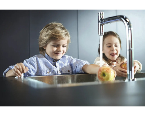 Zwei Kinder waschen Äpfel in einem Edelstahlspülbecken unter einem Wasserhahn.