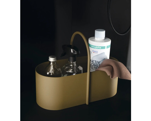 Récipient avec des produits de nettoyage et un chiffon