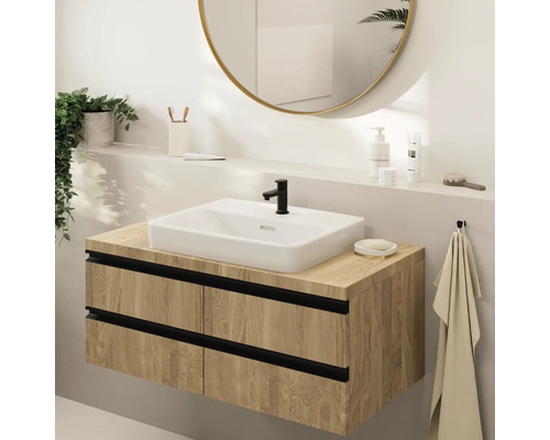 Meuble-lavabo avec lavabo, robinet, miroir et étagère