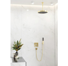 Douche moderne avec pomme de tête, douchette et robinetterie dans une salle de bain aux murs en marbre.