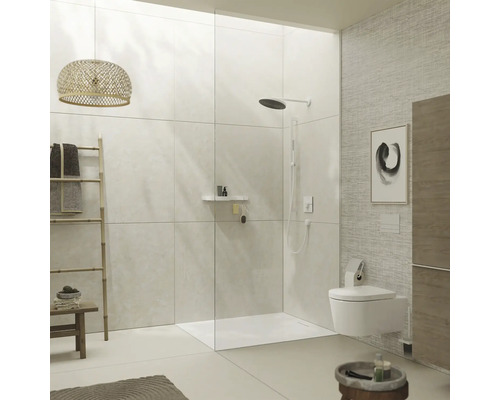 Salle de bains claire avec douche à l''italienne, toilettes et décorations