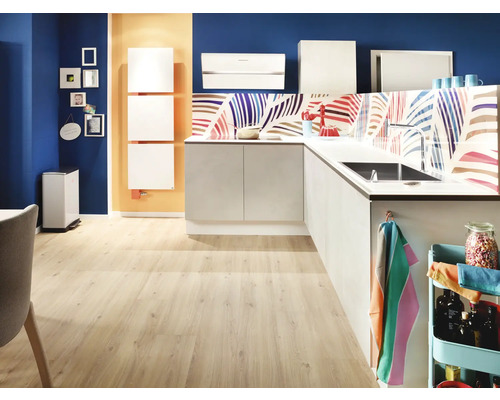 Cuisine claire avec kitchenette, évier, robinetterie et décoration