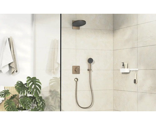 Espace douche avec douche de tête, douchette à main et étagère de rangement pour accessoires de salle de bain.
